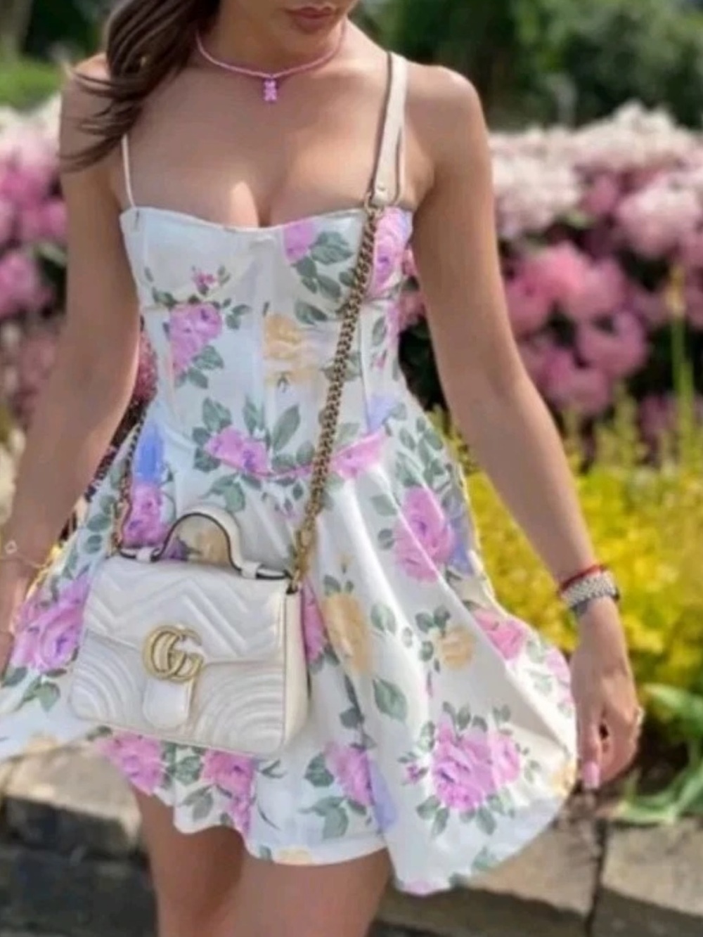 Floral Sweetheart Mini Dress in White with Pink & Yellow Roses